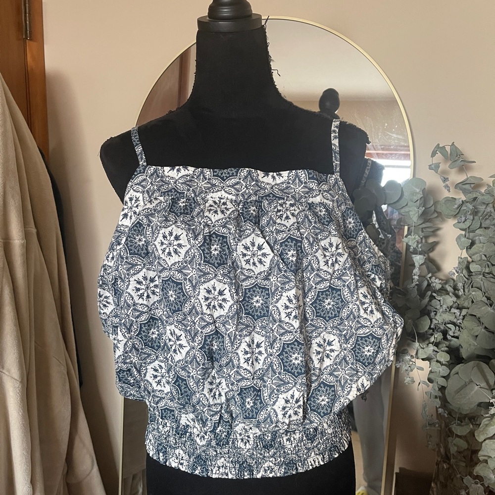 LOFT Blue and White Boxy Crop Camisole Size L